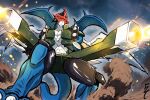  blue_wings digimon digimon_(creature) digimon_adventure_02 dragon firing gun helmet highres multiple_wings no_humans paildramon red_eyes red_helmet standing weapon white_wings wings yoroshi_(yoroshii_seikatsu) 