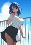 1girl :d ;d blue_bow blue_bowtie blue_eyes blue_hair blue_sky bow bowtie breasts collared_shirt commentary_request cowboy_shot gen_(black_factory) grey_skirt grin highres large_breasts make_heroine_ga_oo_sugiru! medium_hair one_eye_closed pleated_skirt school_uniform shirt skirt sky smile solo tsuwabuki_high_school_uniform v white_shirt yanami_anna yellow_bow yellow_bowtie 
