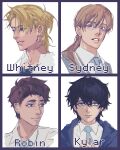  4boys black_hair black_jacket blonde_hair blue_eyes character_chart character_name chart cigg233 collared_shirt crew_neck degrees_of_lewdity freckles glasses green_eyes grin hair_between_eyes hand_on_own_chest highres hood hooded_jacket jacket kylar_(degrees_of_lewdity) kylar_(male)_(degrees_of_lewdity) looking_at_viewer looking_to_the_side low_ponytail male_focus medium_hair messy_hair multiple_boys necktie nose open_collar parted_bangs parted_lips ponytail portrait robin_(degrees_of_lewdity) robin_(male)_(degrees_of_lewdity) school_uniform shirt short_hair simple_background smile straight-on sydney_(degrees_of_lewdity) sydney_(male)_(degrees_of_lewdity) very_short_hair vest white_background whitney_(degrees_of_lewdity) whitney_(male)_(degrees_of_lewdity) 