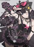  1girl :p absurdres ahoge aotu_world arm_up arm_warmers armlet armpits artist_name belt black_arm_warmers black_belt black_bow black_choker black_dress black_hair black_thighhighs blue_eyes bow breasts cathon613 character_name character_sticker chinese_commentary choker commentary_request crescent crescent_hair_ornament cross dress dress_bow earrings eyewear_on_head facial_mark fashion fingerless_gloves frilled_dress frills glasses gloves grey_background grey_leg_warmers hair_bow hair_ornament hairclip heart heart-shaped_eyewear highres jewelry kaili_(aotu_world) kuromi lace-trimmed_dress lace_trim leg_warmers long_hair multiple_views my_melody_(series) necklace one_eye_closed open_mouth pink-tinted_eyewear pink_bow pink_nails pointy_ears purple_arm_warmers purple_dress ring sanrio shoes simple_background sleeveless sleeveless_dress small_breasts star_(symbol) star_earrings star_facial_mark star_hair_ornament sticker sticker_on_face striped_arm_warmers thighhighs tinted_eyewear tongue tongue_out too_many_hair_ornaments two-tone_arm_warmers two-tone_dress very_long_hair white_shoes x_hair_ornament yabi_fashion 