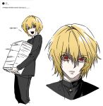  1boy absurdres bkg0303 black_jacket black_pants blonde_hair commentary_request grey_eyes hair_intakes highres holding holding_paper hunter_x_hunter jacket korean_commentary korean_text kurapika male_focus open_mouth pants paper paper_stack red_eyes shaded_face smile translated 