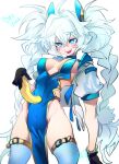  1girl aqua_eyes banana belt black_gloves blue_dress blue_thighhighs blush braid braided_twintails breasts china_dress chinese_clothes clothing_cutout commentary_request cowboy_shot crossed_bangs dress flipped_sidelocks florence_(girls'_frontline_2) food fruit full_cleavage girls'_frontline girls'_frontline_2:_exilium gloves hair_intakes heart heart-shaped_pupils highres hip_bones holding holding_food holding_fruit jacket jacket_partially_removed korean_commentary leaning_back long_hair medium_breasts open_mouth pa-15_(alluring_larkspur)_(girls'_frontline) pa-15_(girls'_frontline) pelvic_curtain plunging_neckline sharp_teeth short_sleeves side_cutout signature smile solo symbol-shaped_pupils teeth thigh_belt thigh_strap thighhigh_belt thighhighs thighs very_long_hair wangpo white_background white_hair white_jacket 