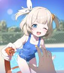  1boy 1girl absurdres blonde_hair blue_eyes blurry blurry_background blush breasts cameltoe collarbone commentary cowboy_shot day english_commentary fence hair_ribbon highres holding holding_hose hose leaning_forward looking_at_viewer marimari_(vtuber) one-piece_swimsuit one_eye_closed onion_(tamanegi) outdoors phase_connect pool poolside pov pov_hands ribbon short_twintails small_breasts sunlight swimsuit teeth thick_eyebrows tree twintails upper_teeth_only virtual_youtuber water water_fight wet 