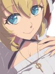  1girl above-cleavage_cutout agnes_claudel blonde_hair blue_eyes breasts chiharu_(9654784) cleavage close-up closed_mouth clothing_cutout commentary_request double-parted_bangs eiyuu_densetsu hair_between_eyes hand_on_own_chest happy_birthday highres jewelry kai_no_kiseki kuro_no_kiseki_(series) long_hair looking_at_viewer necklace pendant ribbed_sweater simple_background smile solo sweater white_background white_sweater wispy_bangs 