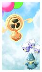  air_balloon_(pokemon) balloon black_eyes border cloud commentary_request day drifloon highres munchlax no_humans outdoors pokemon pokemon_(creature) pokemon_focus rotom rotom_(fan) sunlight topaz_(topaaaaaaaaz) white_border yellow_eyes 