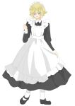  1boy absurdres basil_(faraway)_(omori) basil_(omori) black_shoes blonde_hair blue_eyes blush commentary_request crossdressing crossdressing_(mtf) double-parted_bangs enmaided full_body hair_between_eyes highres long_sleeves maid maid_headdress male_focus male_maid omori open_mouth shoes short_hair sidelocks simple_background smile socks solo sweatdrop white_background white_socks yuuabara 