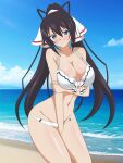  1girl anime_coloring arm_under_breasts bare_arms bare_shoulders beach between_legs bikini black_hair blue_eyes blue_sky blurry blurry_background breasts cleavage closed_mouth cloud collar commentary_request curvy day double-parted_bangs embarrassed floating_hair front-tie_bikini_top front-tie_top hair_between_eyes hand_between_own_legs hand_on_own_arm hata_(pixiv10403940) high_ponytail highres infinite_stratos large_breasts leaning_forward light_blush light_frown long_hair looking_at_viewer navel ocean outdoors ponytail shinonono_houki shore sky solo split_ponytail stomach swimsuit tsurime upper_body v-shaped_eyebrows very_long_hair water white_bikini 