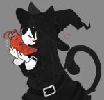  >_< 1girl animal_ears belt black_belt black_dress black_hair black_hat black_tail blush_stickers cat_ears cat_tail chlomaki_(funamusea) closed_eyes colored_skin commentary dlanor_973 dress flying_sweatdrops from_side funamusea grey_background hat heart highres holding kiss lobco_(funamusea) lobster oounabara_to_wadanohara simple_background tail white_skin witch_hat 