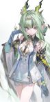  1girl absurdres arknights arknights:_endfield bare_shoulders black_hair blue_eyes breasts chinese_commentary cleavage closed_mouth colored_extremities commentary_request cowboy_shot crossed_arms dragon_horns dress eastern_dragon_horns elbow_gloves gloves green_hair hair_bun hair_intakes hand_up highres horns kuroyishi_raiko long_hair looking_at_viewer medium_breasts multicolored_hair pointy_ears short_dress si_(arknights) solo standing streaked_hair thigh_strap very_low_bun white_dress 