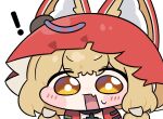  ! 1girl animal_ears arknights arknights:_endfield beleullin blonde_hair chibi chibi_only commentary_request fang highres hood korean_commentary nervous_sweating open_mouth rossi_(arknights) skin_fang sweat wolf_ears wolf_girl yellow_eyes 