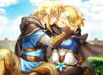  1boy 1girl blonde_hair blue_eyes breasts cape champion's_tunic_(zelda) closed_eyes cloud commentary_request day earrings fence fingerless_gloves gloves grass hetero jewelry korean_commentary link medium_breasts michingeaa pointy_ears ponytail princess_zelda sidelocks silent_princess the_legend_of_zelda the_legend_of_zelda:_breath_of_the_wild the_legend_of_zelda:_tears_of_the_kingdom 