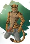  abs anthro balls clothed clothing dognextdoor ear_piercing erection feline genital_piercing humanoid_penis looking_at_viewer male mammal navel nipple_piercing nipples open_mouth penis penis_piercing piercing prince_albert_piercing solo tiger topless unzipped 