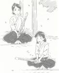  2girls arai_youjirou barefoot blush character_request closed_mouth commentary_request d: dot_nose falling_leaves furrowed_brow greyscale hair_behind_ear hakama hakama_pants highres holding holding_sword holding_weapon japanese_clothes kendo leaf masshoumen! messy_hair monochrome multiple_girls open_mouth outdoors pants ponytail shinai short_hair sound_effects squatting sweat sword three-quarter_sleeves tree trembling wavy_mouth weapon wide-eyed 