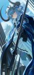  1girl absurdres animal_ears arknights axe battle_axe black_horns black_pantyhose blue_hair blue_sash closed_mouth commentary_request cow_ears cow_girl cow_horns cynisca_(arknights) double-sided_axe dutch_angle flower highres holding holding_axe horns laurel_crown leg_up looking_at_viewer multicolored_eyes pantyhose pleated_skirt rui_(rei_leyi) sash skirt solo stone_pillar weapon white_background 
