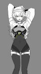  1girl arknights arknights:_endfield arms_up bodysuit cosplay covered_navel eijitsuke english_commentary fluorite_(arknights) fluorite_(arknights)_(cosplay) girls'_frontline girls'_frontline_2:_exilium grey_background greyscale hair_over_one_eye highres hood hood_up leva_(girls'_frontline_2) long_hair looking_at_viewer lower_teeth_only monochrome open_mouth scar scar_across_eye scar_on_face simple_background solo spot_color teeth ump45_(girls'_frontline) yellow_eyes 