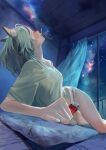  1girl animal_ear_fluff animal_ears cat_ears cat_girl cigarette closed_eyes commentary_request curtains facing_up green_hair green_shirt highres holding holding_lighter lighter night panties profile qdx4p shirt short_sleeves single_bare_shoulder single_off_shoulder smoke smoking solo underwear white_panties window yani_neko yani_neko_(yani_neko) 
