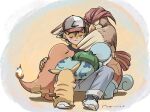  1boy aihara-rina artist_name ash_ketchum baseball_cap black_hair black_shirt blue_pants bulbasaur charmander chinese_commentary closed_eyes closed_mouth commentary_request dated denim fingerless_gloves full_body gloves green_gloves hat highres hug jeans pants pidgeotto pikachu pokemon pokemon_(anime) pokemon_(classic_anime) pokemon_(creature) shirt short_hair sitting smile squirtle 