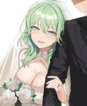  1boy 1girl :d absurdres alternate_costume black_suit bouquet breasts bridal_veil bride cleavage commentary_request dress female_byleth_(awakened)_(fire_emblem) female_byleth_(fire_emblem) fire_emblem fire_emblem:_three_houses green_eyes green_hair highres holding holding_bouquet husband_and_wife jewelry korean_commentary large_breasts lower_teeth_only lynnz medium_hair official_alternate_eye_color official_alternate_hair_color open_mouth ring see-through_clothes see-through_veil simple_background smile solo_focus suit teeth tongue veil wedding_dress wedding_ring white_background white_dress 