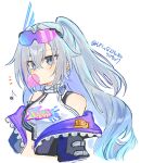  1girl artist_name bare_shoulders blowing_bubble_gum chewing_gum commentary_request crop_top drill_hair eyewear_on_head grey_eyes grey_hair honkai:_star_rail honkai_(series) jacket long_hair nanase_sato navel open_clothes open_jacket ponytail shirt silver_wolf_(honkai:_star_rail) silver_wolf_(lv.999)_(honkai:_star_rail) tinted_eyewear very_long_hair 