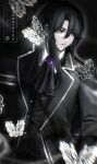 1boy artist_name ascot black_ascot black_background black_butterfly black_coat black_eyes black_hair black_vest bug butterfly coat collared_shirt commentary e.g.o_(project_moon) english_commentary expressionless highres lapels limbus_company long_hair long_sleeves male_focus monarch_butterfly noboroomu notched_lapels project_moon shirt solemn_lament_(e.g.o) solo twitter_username upper_body vest watermark white_butterfly white_shirt white_trim yi_sang_(project_moon) 