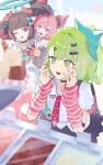  3girls :d ;d angels_of_delusion aria_(human)_(zenless_zone_zero) aria_(zenless_zone_zero) bag black_choker black_hair black_skirt blue_eyes choker food green_eyes green_hair green_nails hair_ornament halo highres holding holding_phone ice_cream multiple_girls nangong_yu one_eye_closed open_mouth phone pink_bag pink_hair red_eyes skirt smile sparkle sunna_(zenless_zone_zero) twintails virtual_pet_(toy) zenless_zone_zero zeroartwo 