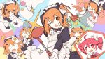  >_< 2girls a.i._voice adachi_rei alternate_costume amau_totori apron black_dress bucket bucket_on_head chibi clumsy commentary_request dress drill_hair enmaided food food_on_head fried_egg frilled_apron frills highres holding kasane_teto long_sleeves looking_at_viewer maid maid_apron maid_headdress multiple_girls multiple_views object_on_head one_eye_closed open_mouth orange_eyes orange_hair red_eyes red_hair spilled_drink tripping twin_drills utau white_apron 