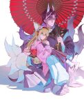  1boy 1girl absurdres animal_ears arknights blonde_hair chinese_commentary closed_mouth coin_purse commentary_request father_and_child father_and_daughter fox_boy fox_ears fox_girl fox_tail full_body green_eyes hairband highres japanese_clothes kimono kitsune kyuubi long_hair long_sleeves looking_to_the_side multiple_tails official_alternate_costume oil-paper_umbrella pants parent_and_child pink_kimono purple_shirt red_hairband red_umbrella shirt shoes sitting sitting_on_lap sitting_on_person suzuran's_father_(arknights) suzuran_(arknights) suzuran_(yukibare)_(arknights) tail umbrella white_background white_pants wide_sleeves zhuansheng_shi 
