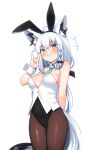  1girl :d ahoge animal_ear_fluff animal_ear_hairband animal_ear_piercing animal_ears aqua_eyes arm_behind_back bare_shoulders black_leotard black_ribbon blue_neckerchief braid breasts cleavage commentary_request covered_navel cowboy_shot dated_commentary detached_collar double-parted_bangs fake_animal_ears fox_ears fox_girl fox_shadow_puppet fox_tail grin hair_between_eyes hair_ribbon hairband hand_up highleg highleg_leotard highres hololive leotard llxr18 long_hair looking_at_viewer low_ponytail medium_breasts neckerchief pantyhose pentagram playboy_bunny ponytail rabbit_ear_hairband rabbit_ears ribbon shirakami_fubuki side_braid simple_background single_braid smile solo tail vest virtual_youtuber white_background white_hair white_vest wrist_cuffs 