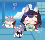  1girl :3 =_= animal_ear_fluff animal_ears bell blush_stickers chibi chopsticks cloud commentary_request creature eating facial_mark facing_viewer food full_body green_kimono holding holding_chopsticks hololive indoors japanese_clothes kimono long_hair microphone miofa_(ookami_mio) multicolored_hair neck_bell noodles ookami_mio panjamunoname_(nononanameme) pixelated_background seiza shouji sidelocks sitting sky sliding_doors slurping soumen spring_onion streaked_hair tail tatami tsuyu_sauce virtual_youtuber watermark whisker_markings wind_chime wolf_ears wolf_girl wolf_tail yukata 