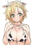  1girl @_@ animal_ears animal_print bikini blonde_hair blush braid breast_press breasts cow_ears cow_print cow_print_bikini embarrassed green_eyes hands_on_own_chest highres looking_to_the_side mikado_himawari_(ukitamilk) original print_bikini simple_background single_braid swimsuit ukitamilk white_background 