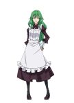  1girl apron artist_request black_pantyhose breasts closed_mouth dress fingerless_gloves full_body gloves green_eyes green_hair hair_between_eyes hand_on_own_hip high_heels long_hair looking_at_viewer maid maid_apron misery_(tensura) official_art pantyhose purple_dress purple_shoes second-party_source shoes simple_background solo tensei_shitara_slime_datta_ken transparent_background white_gloves 