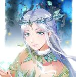  1girl bare_shoulders beads border chinese_commentary choker circlet commentary_request dress expressionless fake_wings fireflies forest forest_ripple_(infinity_nikki) fur_choker gradient_background green_choker green_dress grey_hair hair_beads hair_ornament head_wings highres infinity_nikki leaf lishao_lishao long_hair long_sidelocks magic nature night nikki_(series) outdoors outside_border own_hands_together pillarboxed short_sleeves sidelocks sleeveless sleeveless_dress solo upper_body white_border wings 