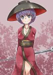  1girl black_sash bowl bowl_hat breasts bright_pupils feet_out_of_frame hat highres japanese_clothes kimono kumasan_(kumazonjp) leaf leaf_background looking_at_viewer medium_breasts obi purple_eyes purple_hair red_kimono sash short_hair sukuna_shinmyoumaru touhou white_pupils 