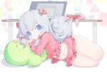  1girl absurdres art_program_in_frame belly blue_eyes blunt_bangs blush bow closed_mouth cropped_shirt drawing_tablet eromanga_sensei frilled_shirt frilled_shorts frills hair_bow highres indoors izumi_sagiri kou_koufu long_hair looking_at_viewer lying navel no_nose on_floor on_side painttool_sai red_bow red_shorts shirt shorts solo thighs white_hair 