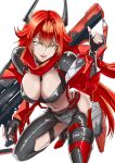  1girl absurdres between_breasts bikini black_gloves blush breasts cleavage clothing_cutout eiji_(illustr92828969) fang fingerless_gloves gloves goddess_of_victory:_nikke gun hair_between_eyes highres holding holding_gun holding_weapon horns jacket large_breasts latex latex_bikini leather leather_jacket leather_pants leg_cutout long_hair looking_at_viewer mechanical_horns navel open_mouth pants red_hair red_hood_(nikke) red_scarf scarf simple_background smile solo strap_between_breasts swimsuit very_long_hair weapon white_background yellow_eyes 