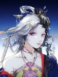  1girl bead_choker bead_necklace beads black_hair blue_background blue_robe bow-shaped_hair chinese_clothes chinese_commentary chinese_hairpin choker closed_mouth commentary_request crescent crescent_hair_ornament dress earrings eyes_visible_through_hair eyeshadow floral_print gold_earrings gradient_background hair_ornament hair_rings hair_stick hairclip happy highres infinity_nikki jewelry lipstick lishao_lishao makeup multicolored_hair necklace nikki_(series) print_dress purple_eyes purple_eyeshadow purple_lips red_choker robe simple_background single_bare_shoulder smile solo split-color_hair strapless strapless_dress two-tone_background two-tone_hair upper_body where_wanxiang_weaves_life_(infinity_nikki) white_background white_hair yellow_dress 