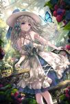  1girl bare_shoulders blue_bow blue_butterfly blush bow braid breasts bug butterfly cleavage collarbone commentary_request criss-cross_halter cup dress food frilled_dress frills fruit greenhouse grey_hair hair_ornament halterneck hat hat_bow highres holding holding_cup long_hair looking_to_the_side missile228 open_mouth original purple_eyes sleeveless sleeveless_dress solo standing sun_hat sunlight table white_dress white_hat 