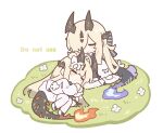  2girls aged_down ahoge arknights black_bow blonde_hair blush_stickers bow chibi closed_eyes demon_horns dragon_girl dragon_horns dragon_tail dress faux_figurine fire flame-tipped_tail flower grass hair_bow hair_over_one_eye headpat highres horn_bow horn_ornament horns isikishoku_akn lap_pillow long_hair lying multiple_girls necrass_(arknights) necrass_(young)_(arknights) official_alternate_costume on_side one_eye_covered pantyhose purple_fire reed_(arknights) reed_(young)_(arknights) seiza siblings simple_background sisters sitting sleeping smile tail u_u white_background white_bow white_dress white_flower white_pantyhose yuri 