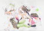  2girls :o aori_(splatoon) bare_shoulders black_dress black_hair bow breasts character_name cleavage detached_collar domino_mask dress earrings eye_contact eyebrows food food_on_head gloves green_legwear hair_bow hat hotaru_(splatoon) jewelry long_hair looking_at_another lying mask mole mole_under_eye multiple_girls object_on_head pantyhose pointy_ears purple_legwear raikado short_hair silver_hair simple_background small_breasts smile splatoon_(series) splatoon_1 strapless symbol-shaped_pupils tentacle_hair tentacles thick_eyebrows white_gloves 