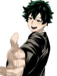  1boy bkg0303 black_jacket black_suit boku_no_hero_academia foreshortening freckles green_eyes green_hair hair_between_eyes highres jacket male_focus midoriya_izuku offering_hand open_hand open_mouth outstretched_arm smile solo suit upper_body 