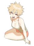  1girl bakugou_katsuki bkg0303 blonde_hair boku_no_hero_academia breasts camisole cleavage commentary_request genderswap genderswap_(mtf) green_camisole hair_between_eyes highres korean_commentary large_breasts open_mouth orange_shorts red_eyes short_hair short_shorts shorts sitting smile solo spiked_hair tongue tongue_out yokozuwari 
