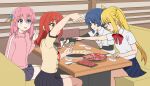  4girls :d :t ahoge anime_coloring black_skirt blue_eyes blue_hair blue_skirt blush bocchi_the_rock! bow bowtie chopsticks closed_mouth collared_shirt commentary_request eating eyes_visible_through_hair feet_out_of_frame frown furrowed_brow gotoh_hitori hair_between_eyes hand_up highres holding holding_chopsticks holding_phone ijichi_nijika indoors jacket kessoku_band kita_ikuyo long_hair looking_at_food looking_at_phone medium_hair miniskirt mole mole_under_eye multiple_girls open_mouth outstretched_arm phone pink_hair pink_jacket pleated_skirt red_bow red_bowtie red_eyes red_hair restaurant school_uniform selfie shirt short_sleeves shy side_ponytail sidelocks sitting skirt smile sweatdrop track_jacket v v-shaped_eyebrows very_long_hair white_shirt xiaoming1625 yamada_ryo yellow_eyes 