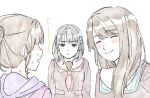  3girls ^_^ animification blush brown_dress brown_hair closed_eyes closed_mouth commentary_request dress facing_another false_smile green_neckerchief hair_ornament hanamiya_nina hasu_no_sora_school_uniform highres hood hood_down hooded_jacket jacket kurusu_rin light_frown long_hair long_sleeves love_live! love_live!_hasu_no_sora_jogakuin_school_idol_club mole mole_under_eye multiple_girls neckerchief nervous_sweating nirei_nozomi open_mouth pink_jacket ponytail porari purple_hood rabbit_hair_ornament real_life red_neckerchief sailor_collar sailor_dress school_uniform simple_background smile staring sweat tassel tassel_hair_ornament upper_body voice_actor white_background white_sailor_collar winter_uniform 