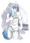  anthro beverage clothed clothing coffee dognextdoor equine food fur horse inside male mammal muscular smile solo standing white_fur 