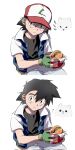  1boy aihara-rina arrow_(symbol) ash_ketchum baseball_cap black_hair black_shirt blue_jacket brown_eyes burger commentary_request fingerless_gloves fluffy_white_puppy_expressions_(meme) food gloves green_gloves hair_between_eyes hat highres holding holding_burger holding_food jacket looking_at_viewer male_focus meme multiple_views open_clothes open_jacket parted_lips pokemon pokemon_(anime) pokemon_(classic_anime) shaded_face shirt short_hair simple_background upper_body white_background 
