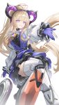  1girl absurdres arknights arknights:_endfield blonde_hair blue_gloves breasts dress earrings fingerless_gloves frills gloves grin hairband highres jewelry liino_(arknights) long_hair long_sleeves looking_at_viewer outstretched_arm pointy_ears ponytail puffy_sleeves purple_eyes purple_gloves shirt sitting skirt smile solo star-shaped_pupils star_(symbol) symbol-shaped_pupils thighhighs very_long_hair white_background yinhepongpong 