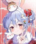  1girl animal_ear_fluff animal_ears animal_on_head asa_no_ha_(pattern) blue_hair blush braid braided_bun carrot_hair_ornament chinese_zodiac commentary creature_on_head don-chan_(usada_pekora) double_bun duplicate egasumi food-themed_hair_ornament fur_collar fur_scarf hair_bun hair_ornament highres hikimayu hololive japanese_clothes kimono looking_at_viewer mi_kamii2 new_year on_head pekomon_(usada_pekora) print_kimono rabbit rabbit-shaped_pupils rabbit_ears rabbit_girl red_eyes red_kimono short_eyebrows smile symbol-shaped_pupils thick_eyebrows tied_ears usada_pekora virtual_youtuber year_of_the_rabbit 