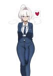  18sai_4 1girl absurdres ahoge arms_behind_back astrae_oratio belt belt_buckle between_breasts black_belt blue_eyes blue_jacket blue_necktie blue_pants blue_suit blunt_bangs blush breasts buckle bulge business_suit closed_mouth clothes_between_breasts collared_shirt commentary covered_penis dress_shirt erection erection_under_clothes feet_out_of_frame futanari glasses hair_intakes heart highres hiwagishiakari_ai huge_penis id_card impossible_clothes impossible_jacket jacket lanyard lapel_pin lapels large_breasts lipstick looking_at_viewer makeup necktie necktie_between_breasts nose_blush notched_lapels office_lady over-rim_eyewear pant_suit pants penis pink_lips red_pupils semi-rimless_eyewear shirt simple_background smile solo spoken_heart steaming_body straight-on suit suit_jacket suit_pants taut_clothes taut_pants tight_clothes tight_pants variant_set white_background white_hair white_shirt wing_collar 