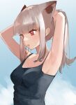  1girl alternate_costume animal_ears arknights arm_up armpits arms_up blue_one-piece_swimsuit blue_sky blush breasts commentary_request diamond-shaped_pupils diamond_(shape) extra_ears fox_ears fox_girl frostleaf_(arknights) grey_hair hair_tie_in_mouth highres infection_monitor_(arknights) kurakak6 long_hair mouth_hold one-piece_swimsuit outdoors ponytail red_eyes skinny sky small_breasts solo swimsuit symbol-shaped_pupils tying_hair upper_body wet 