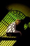  1boy black_pants blonde_hair commentary david_talaski dc_comics english_commentary english_text green_lantern_(alan_scott) green_lantern_(series) highres pants shadow shirt short_hair sitting solo white_shirt 